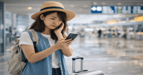 海外の空港でeSIM設定がうまくいかずスマートフォンを確認する旅行者